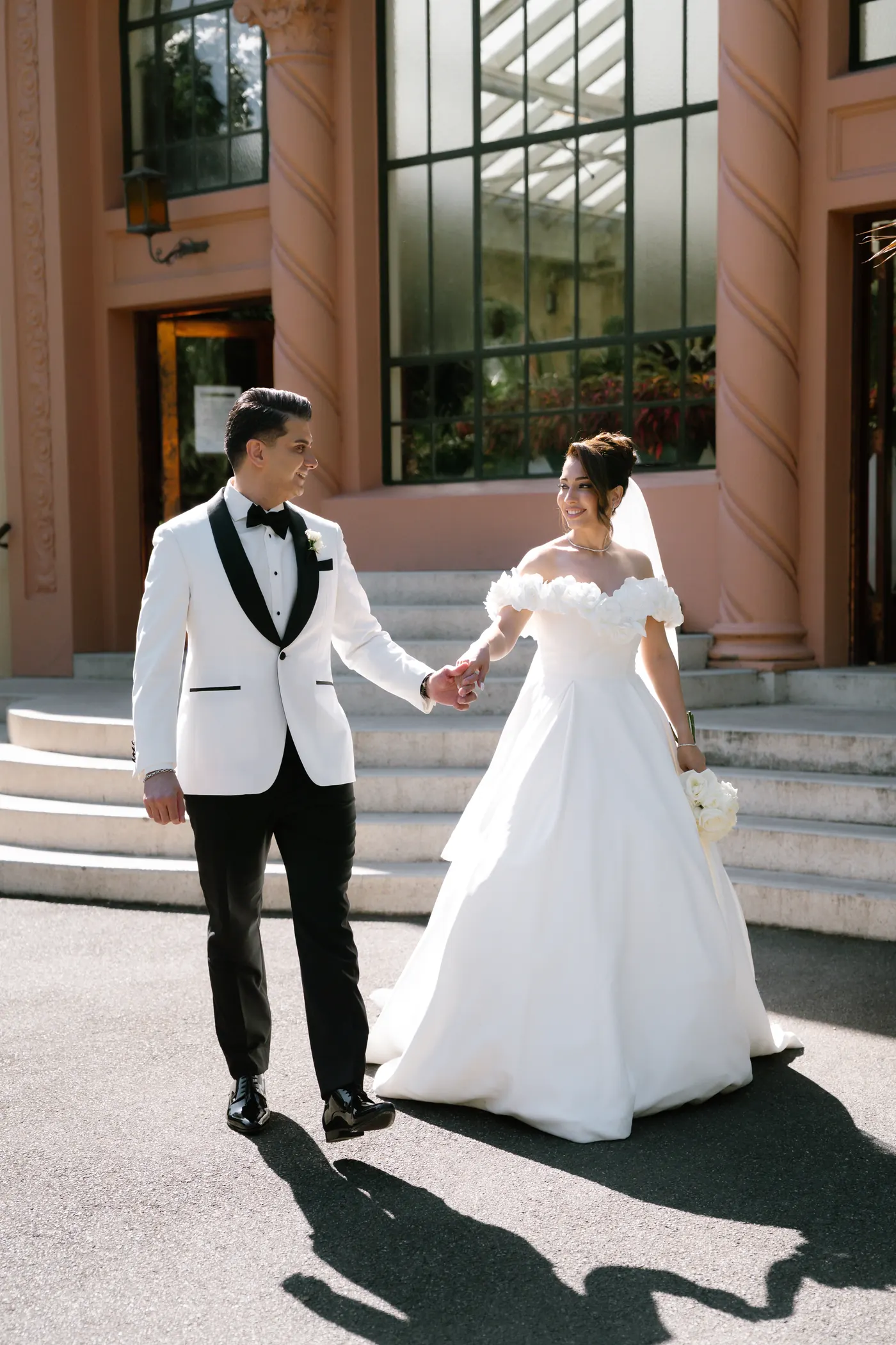 Bride and groom walking together